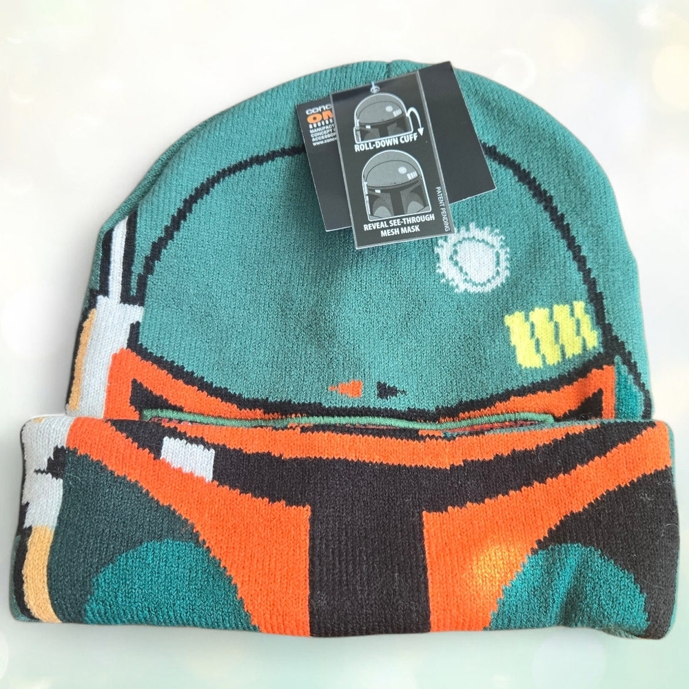 Star Wars Boba Fett Helmet Roll Down Cuffed Knit Intarsia Skull Cap Green OSFM
